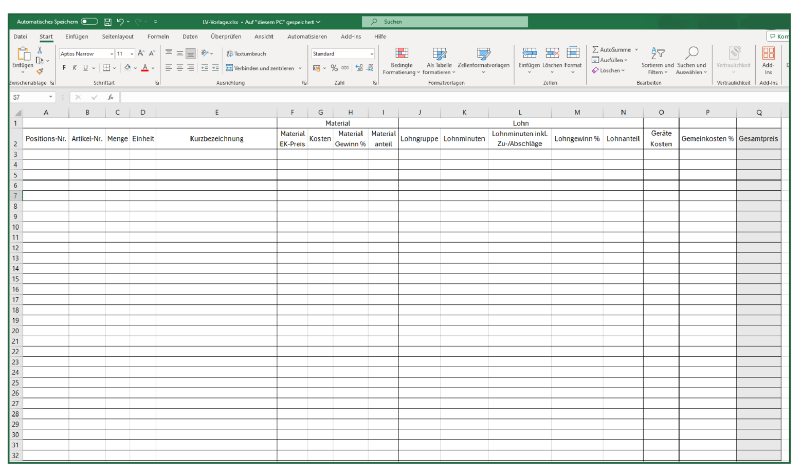 Leistungsverzeichnis Vorlage Excel